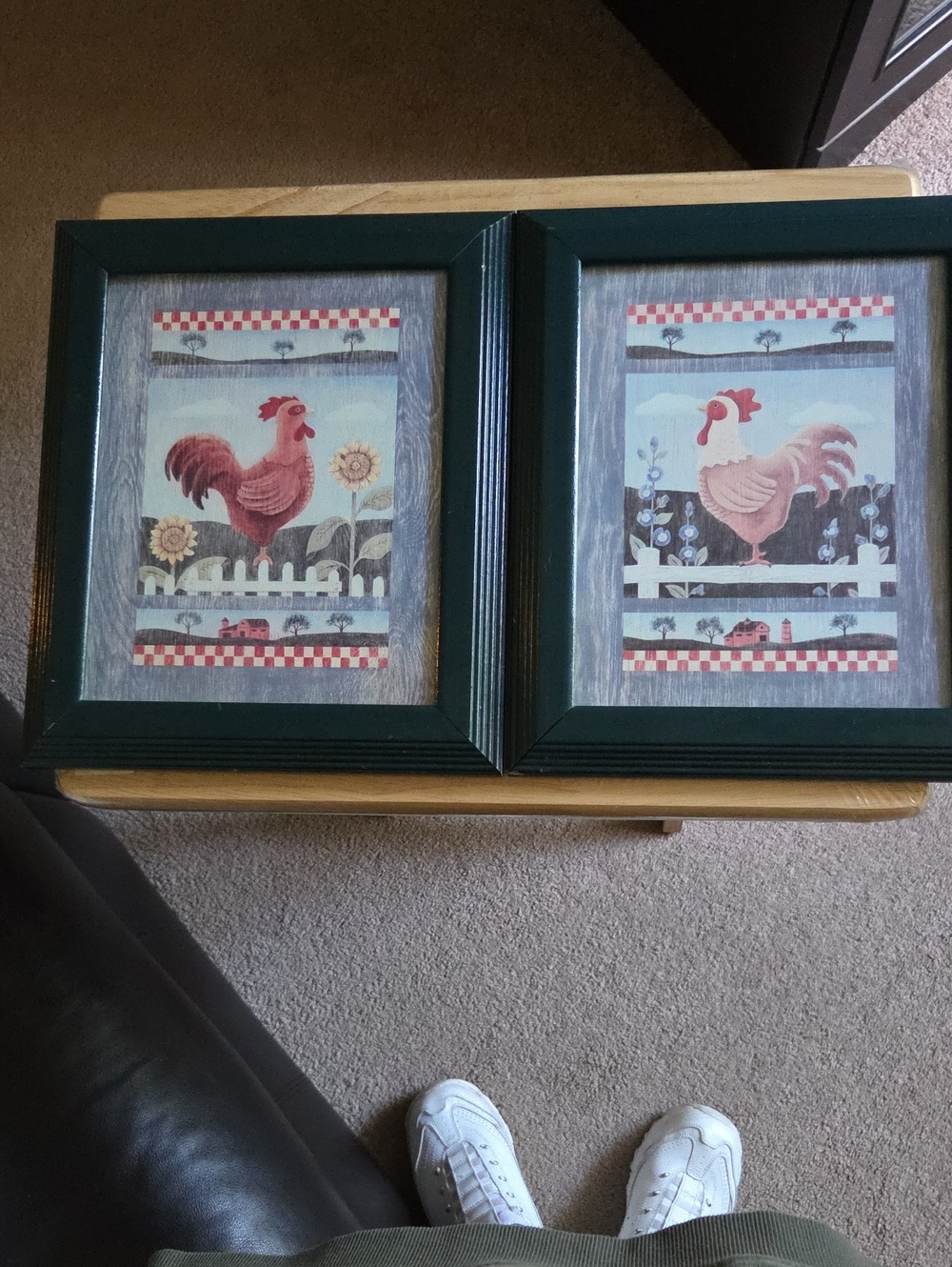 Source Unknown Green Framed Rooster Art Pair